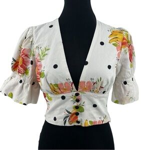 Farm Rio White Nanaju Floral Print Tropical Cropped Blouse Size Small